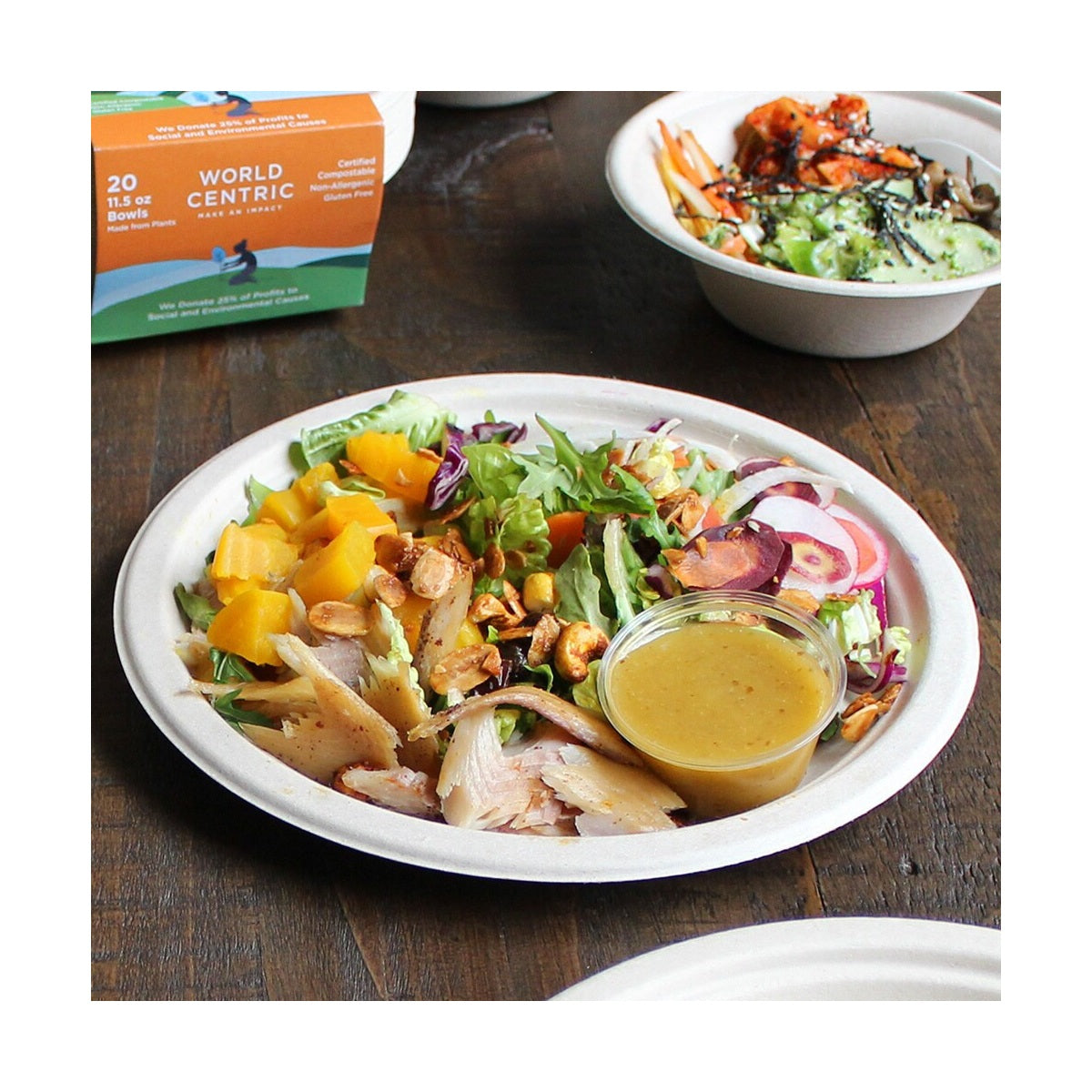 World Centric 9-inch plant-fiber plate serving a prepared salad