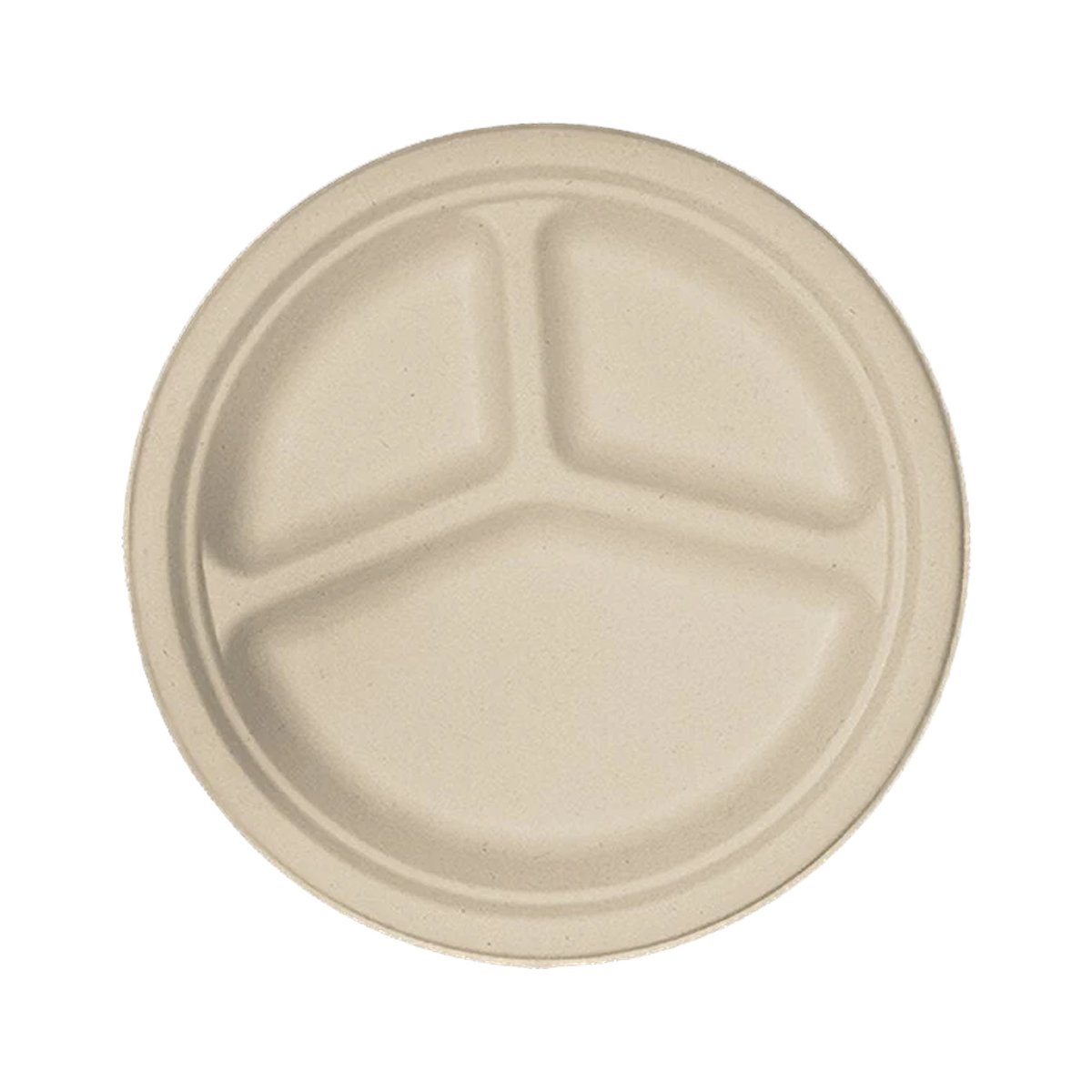 World Centric 9 inch three-compartment unbleached plant fiber plate, empty product view