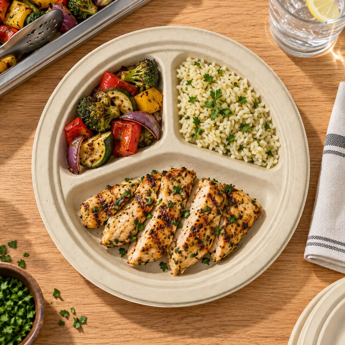 World Centric 9 inch three-compartment fiber plate serving chicken, rice and vegetables