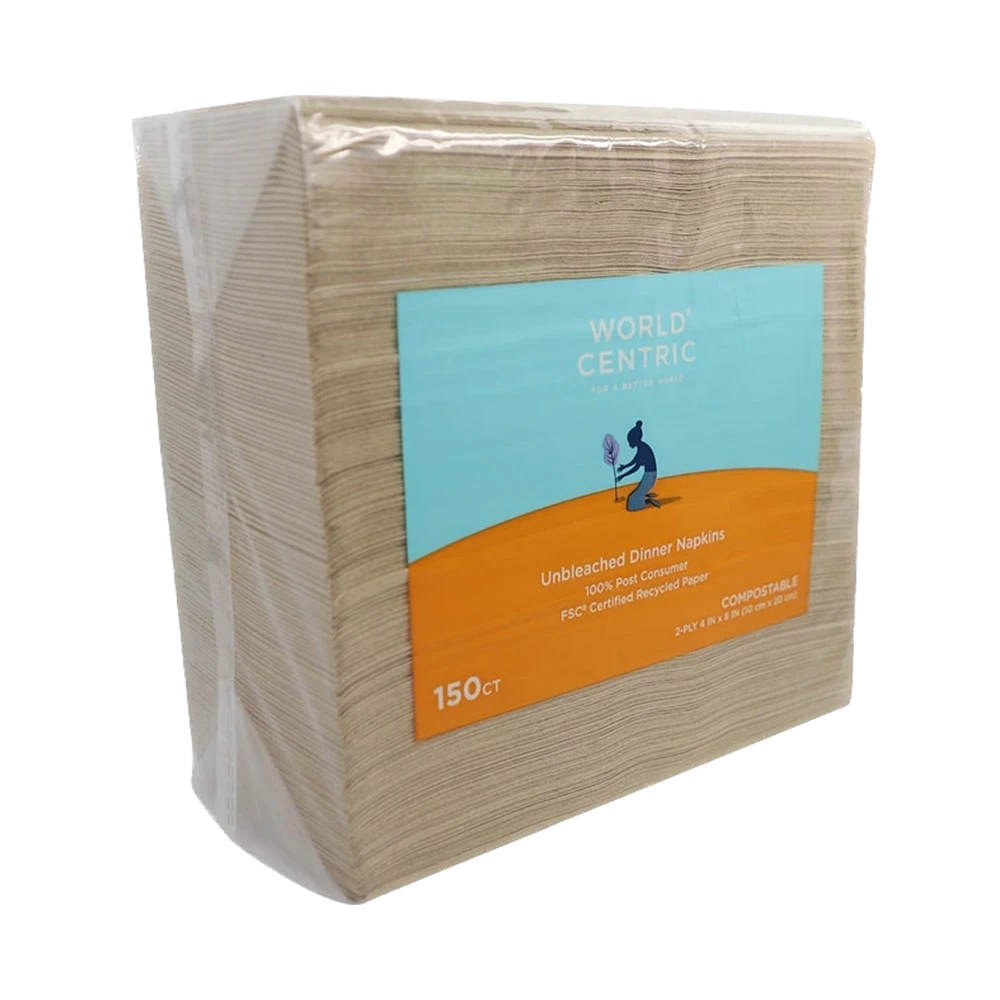 World Centric unbleached 2-ply dinner napkins, packaged product view