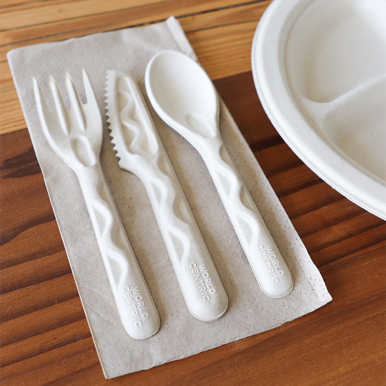 World Centric fiber knife with matching fiber cutlery at a compostable place setting