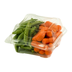 World Centric KL-CS-6N clear hinged container holding vegetables, full product view