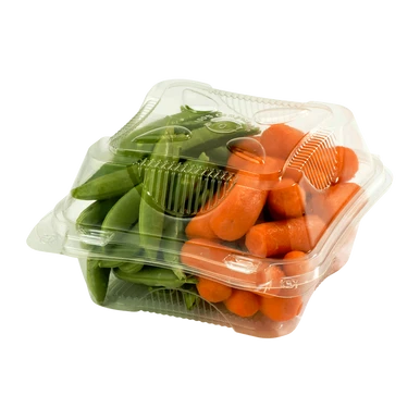 World Centric KL-CS-6N clear hinged container holding vegetables, full product view