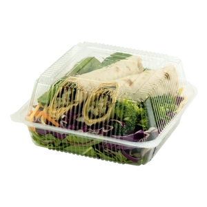 World Centric KL-CS-7 clear hinged container holding a wrap and vegetables, full product view
