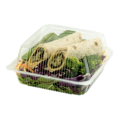 World Centric KL-CS-7 clear hinged container holding a wrap and vegetables, full product view