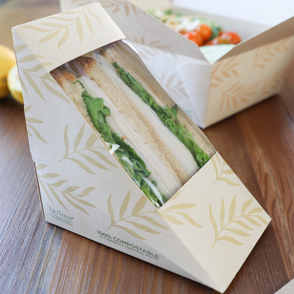 World Centric SW-NT-M NoTree sandwich wedge container with sandwich in grab-and-go service