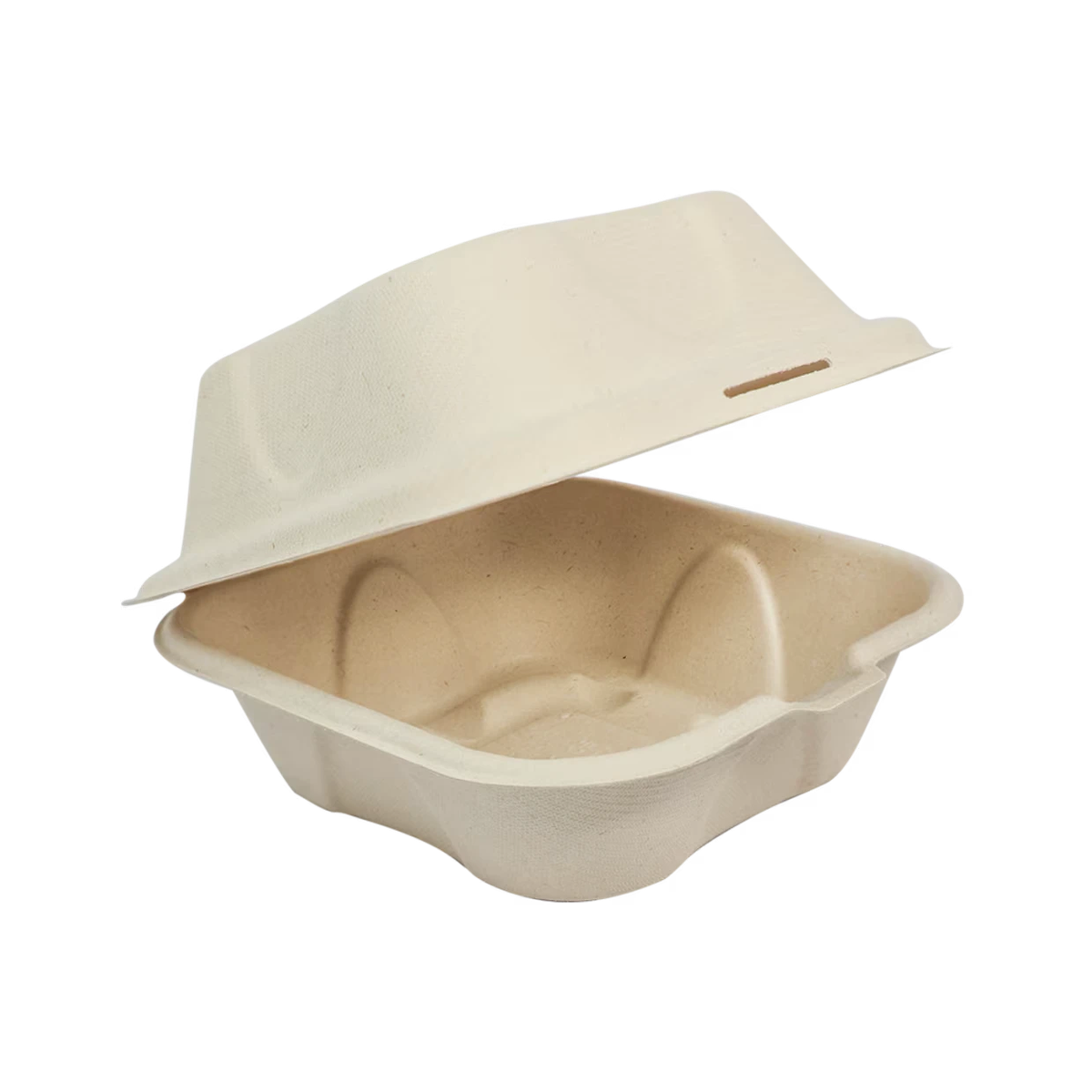 World Centric TO-SC-U15B-LFP 6 x 6 inch unbleached fiber burger box, empty open view