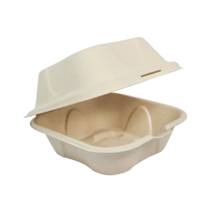 World Centric TO-SC-U15B-LFP 6 x 6 inch unbleached fiber burger box, empty open view