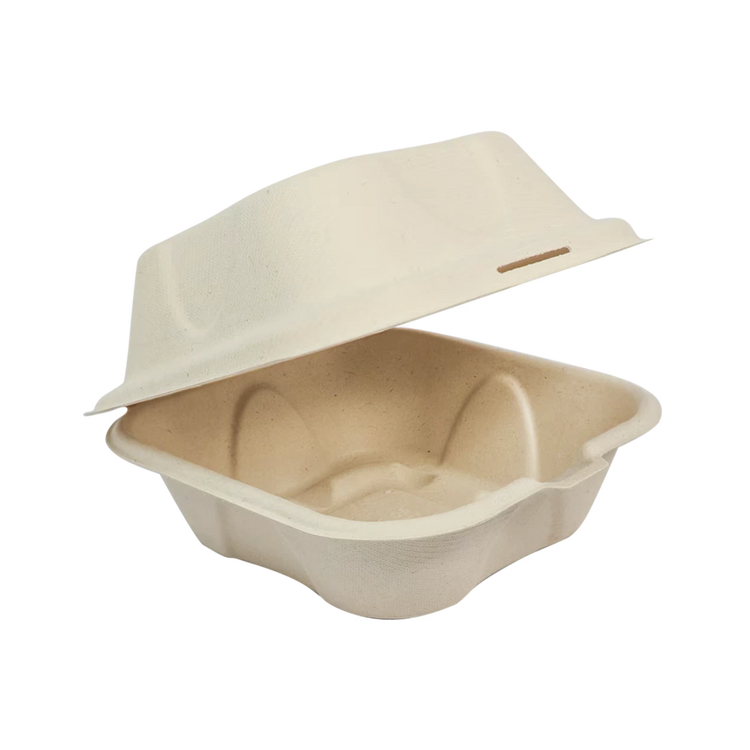 World Centric TO-SC-U15B-LFP 6 x 6 inch unbleached fiber burger box, empty open view