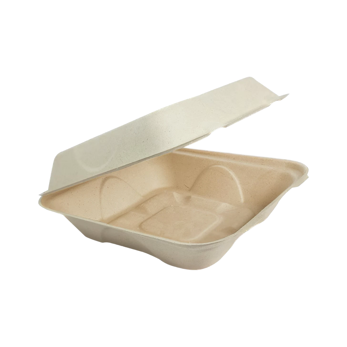 World Centric TO-SC-U85-3L-LF empty 8 x 8 x 3 inch lined fiber clamshell on transparent background