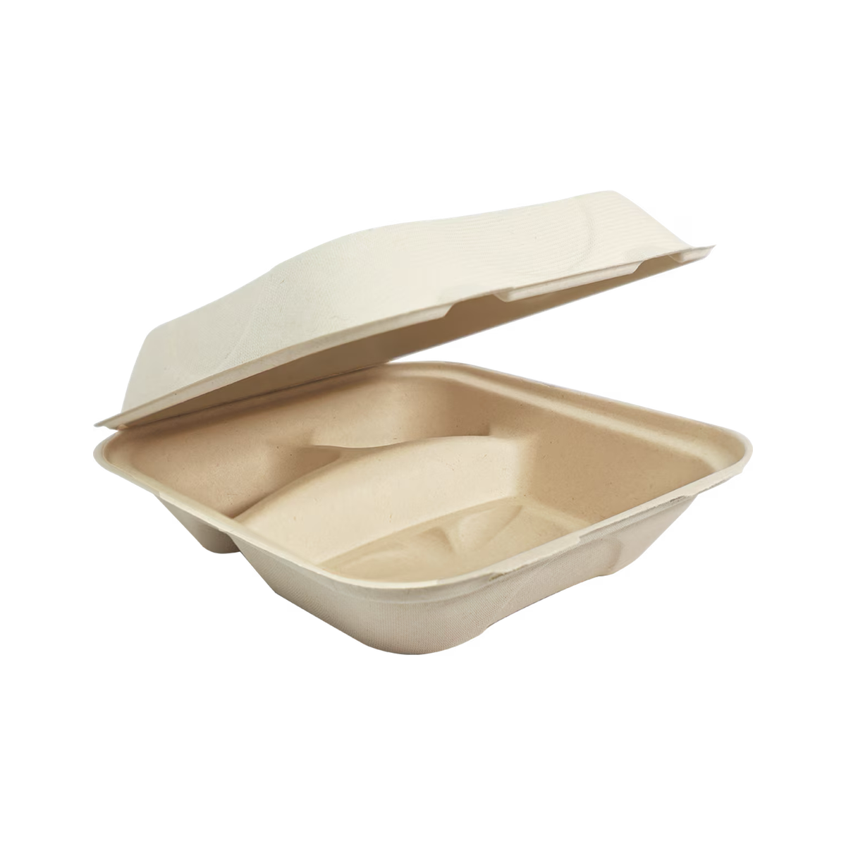 World Centric TO-SC-U8TL-LF empty 3-compartment lined fiber clamshell on transparent background