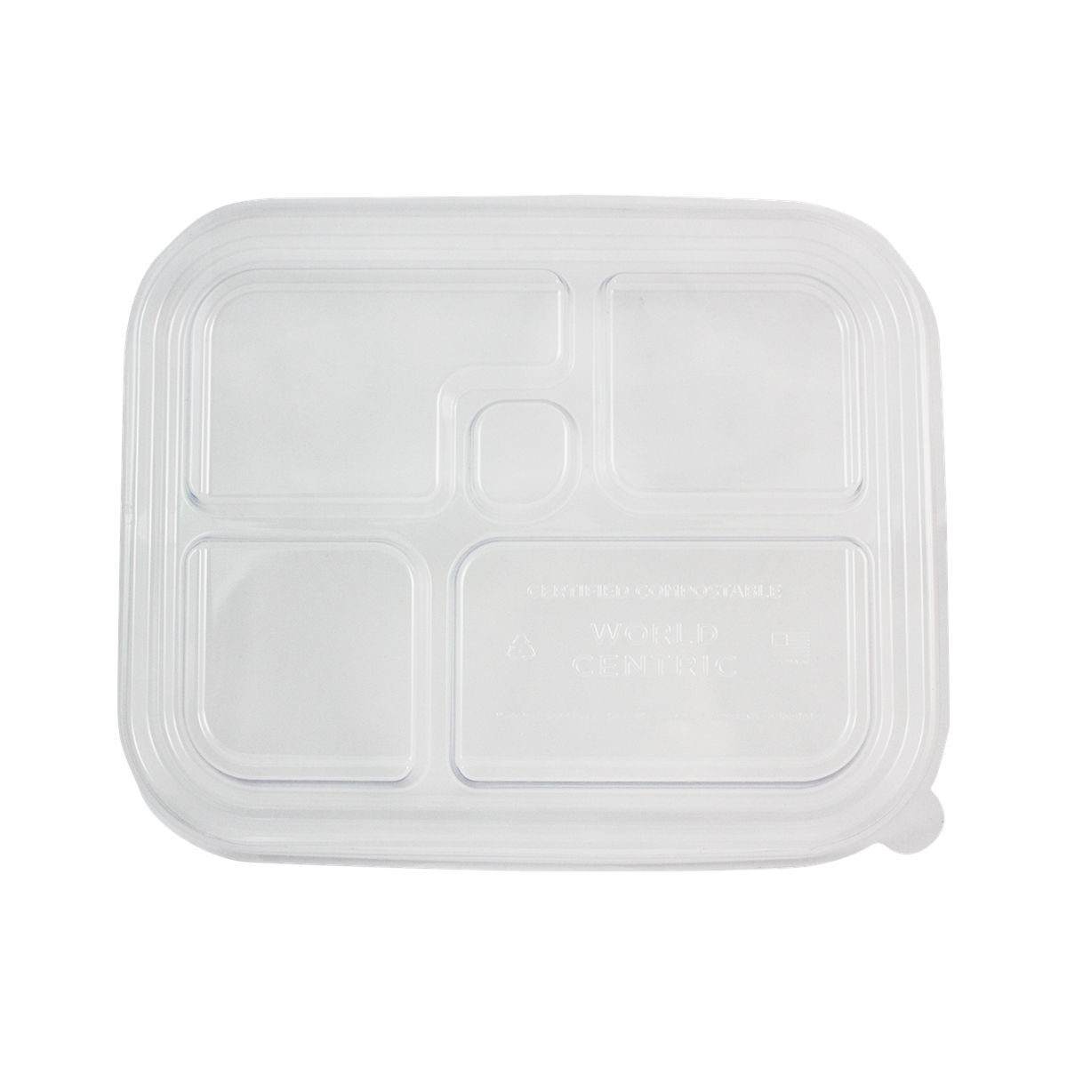World Centric TRL-CS-BB clear PLA lid for five-compartment fiber bento boxes, empty top view